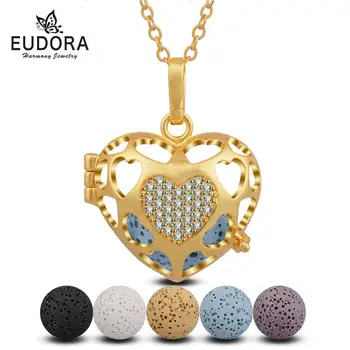 

EUDORA Golden Crystal heart Style cage Pendant Aromatherapy Essential Oil Diffuse Necklace fit Lava Stone/ Chime ball K141G16