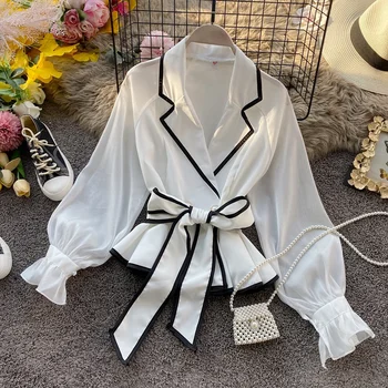 

New Office Lady Shirt Womens Long-Sleeve Chiffon Shirt Women's Hit Color Lace-up Ruffle Blouse Spring Top Girls White Blouses