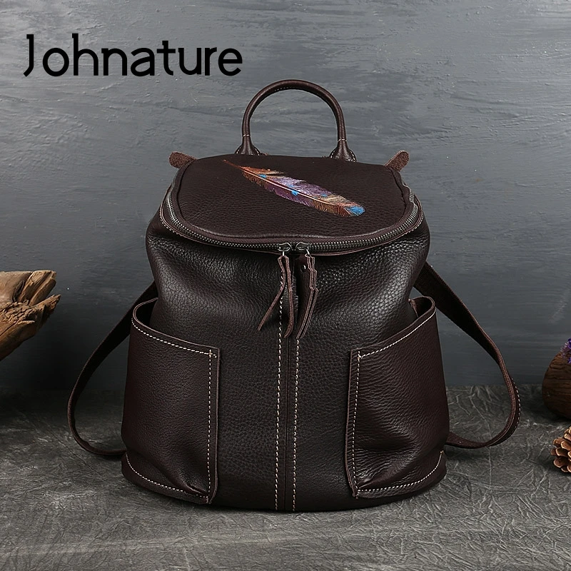 

Johnature Handmade Genuine Leather Women Bag Vintage Backpack 2022 New First Layer Cowhide Large Capacity Leisure Travel Bags