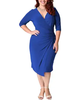 

2020 Summer Sexy Party Dress For Fat Female Plus Size Vintage Dress 4XL 5XL Women Blue Deep V Neck Draped Tight Slim Midi Dress