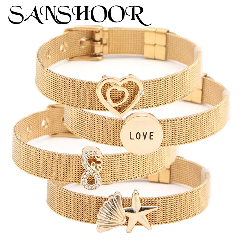 

SANSHOOR 15 Styles Stainless Steel Woman Charms Bracelets Gold Lovely Patterns Bangles For Female Girls DIY Jewelry Gifts