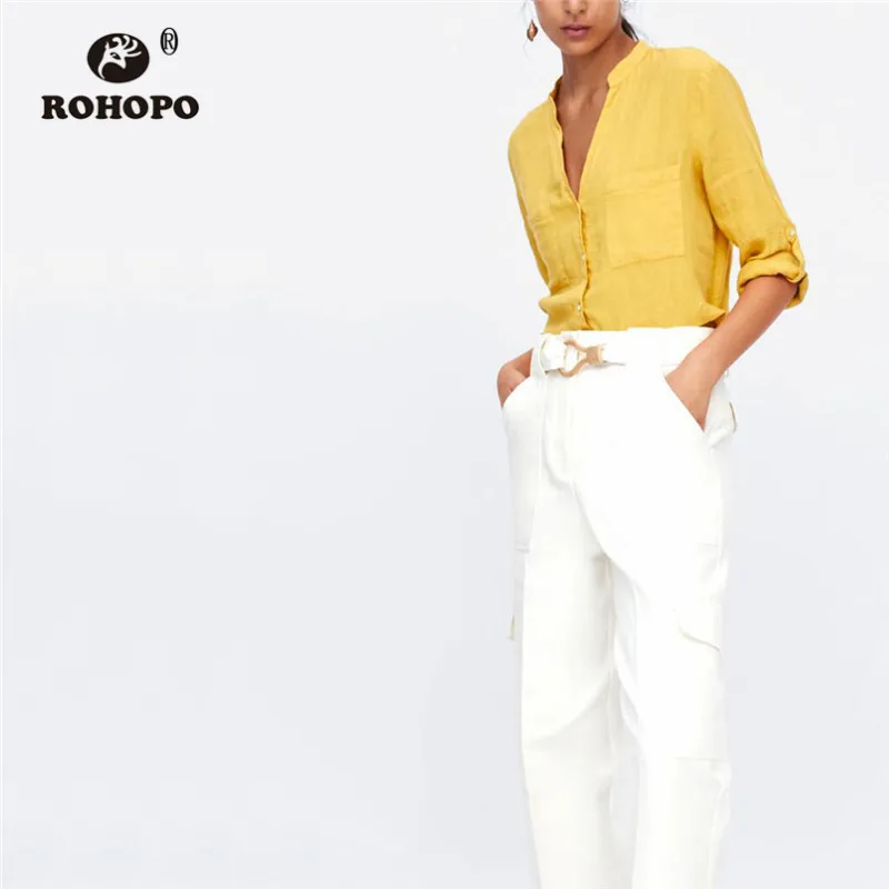

ROHOPO V Collar Tops Welted Pockets Yellow Cotton Linen Blouse Breathable Fabric Soft Side Split Ladies Vintage Top Blusa #1467
