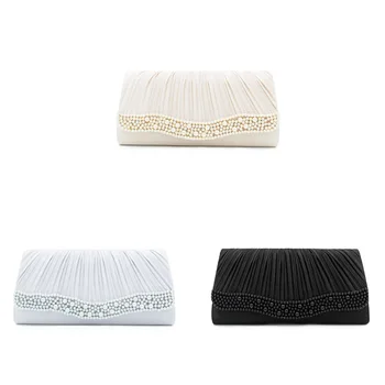

Solid Polyester Clutch Bag With Pearl Decoration Wedding Bride Pouch Elegant Fashion Party Purse Designer With Hanging Chain