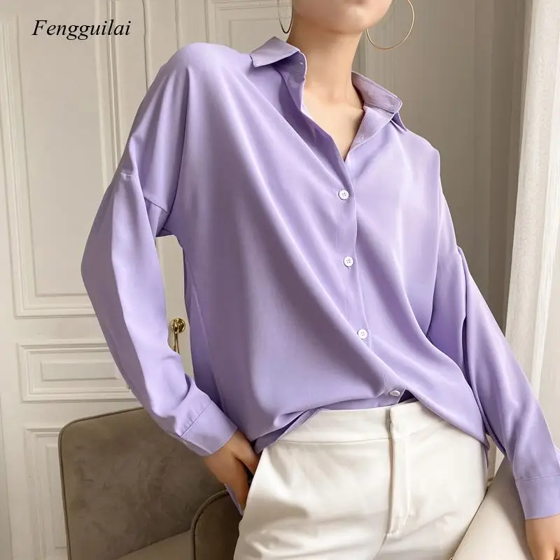 Женская блузка модная 2021 однотонная Повседневная Свободная рубашка с длинным рукавом Элегантная Повседневная Женская блузка с отворотом
