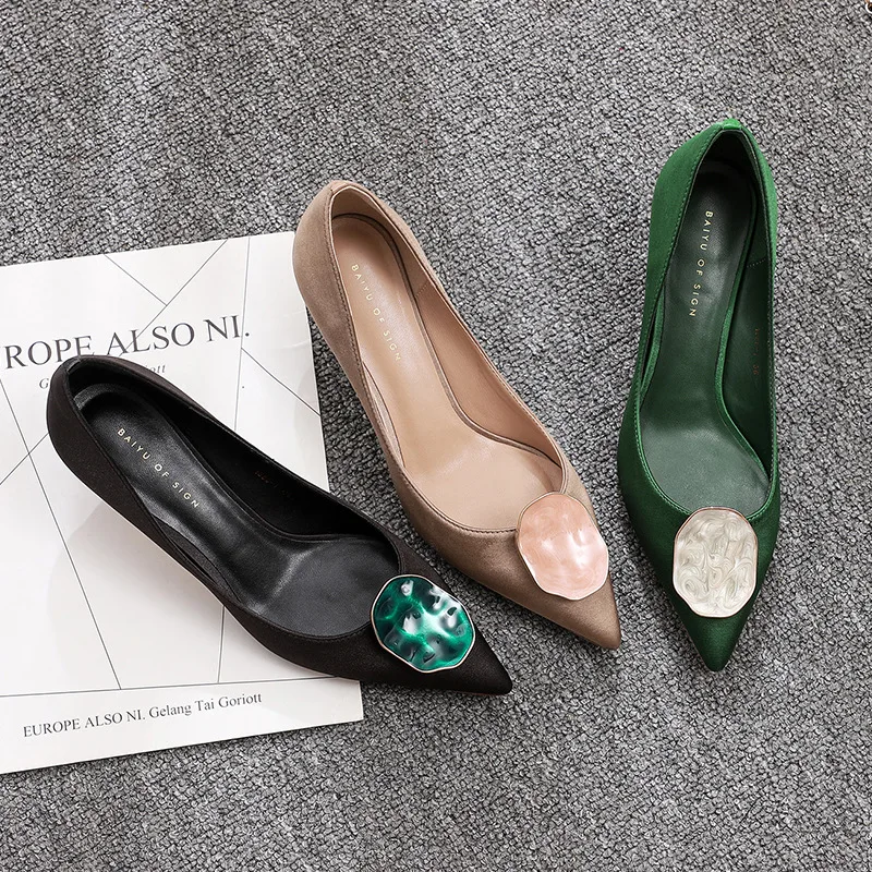 

Shoes Woman 2019 Small Cat Thin High Heels 5cm Point Toe Silk Buckle Wedding Pumps Solid Elegant Slip On Party Shoes Sexy Heels