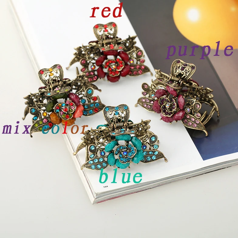 Vintage Hair Jewelry Antique Metal Flower Hair Claws Rhinestones Clip For Women Girls