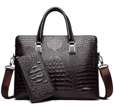 

Set (2pcs) Men's shoulder bag Crocodile double zipper men's briefcase purses Portable diagonal bag