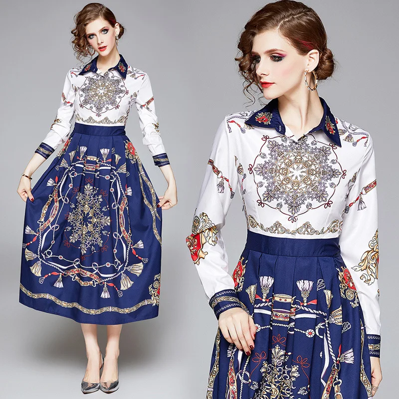 

2019 Spring New Style Europe And America WOMEN'S Dress Retro Printed High-waisted Big Hemline Fashion Dress