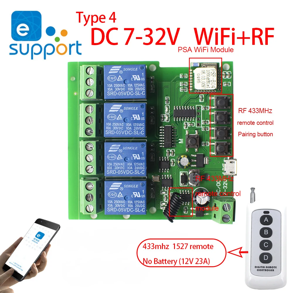 Ewelink WiFi RF Switch Module DC12V 24V AC 110V 220V Wireless Relay Smart Home Remote Control 4 Channel Alexa Googole Home wifi rf switch module