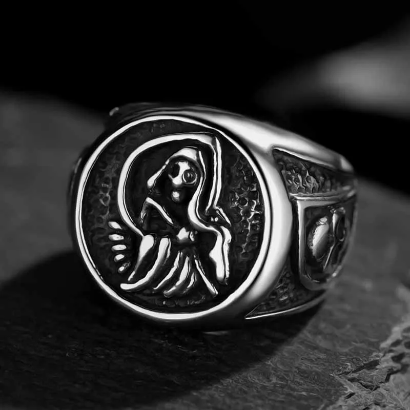 Gothic Death Skull Ring Men Scythe Anello Da Motociclista In Acciaio Inossidabile Vintage Maschio Punk Rock Skull Anello Con Sigillo Regalo Per Uomo