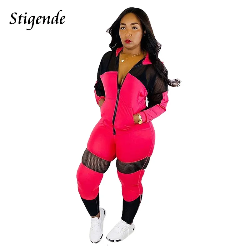 

Stigende Fashion Mesh Patchwork Two Piece Fitness Set Women Zipper Hooded Tops and Pants Sets Casual Slim 2 Piece Tracksuit Sets