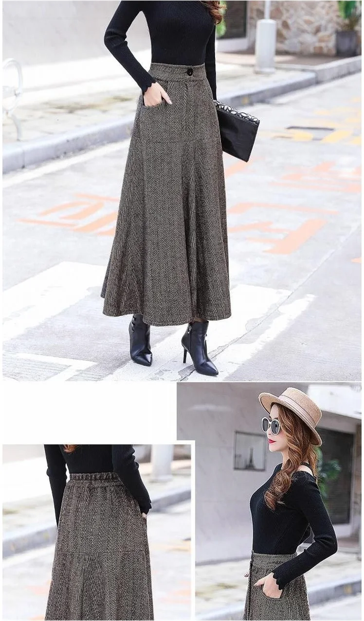 Vintage Striped Woolen Skirts Women Winter Fashion High Waist Office Warm Pleated Long Skirt Ladies Saia Longa AQ694