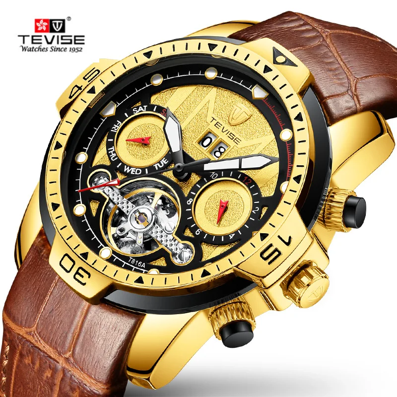 

Men's Watches Top Brand Luxury TEVISE Men Tourbillon Dial Leather Strap Mechanical Clock with Luminous Hands Relogio Masculino