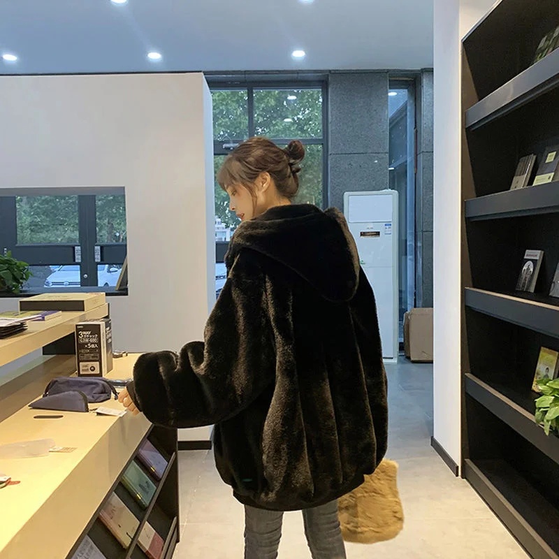 2022 Winter Female New Korean Loose Thin Plush Jacket Women Imitation Rabbit Fur Imitation Fur Mid-Length Thick Hooded CoatA1007