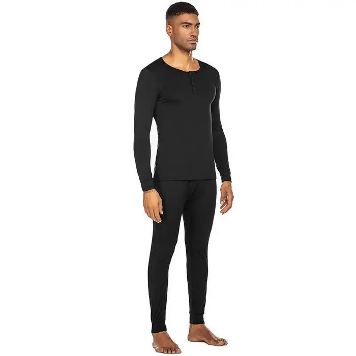 Ekouaer Men Nightwear Pajamas O-Neck Long Sleeve Solid Pullover Button Tops Full Length Pants Pajama Set Autumn Winter Sleepwear