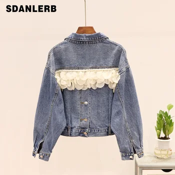 

Village Denim Jacket for Woman Autumn New Back Beaded Lace Short Denim Coat Women's Loose Black Jackets Streetwear Lady Femme