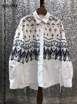 

High Quality Black White Blouses Women Turn-down Collar Geometric Patterns Embroidery Long Sleeve Casual Loose Tops Shirt Female