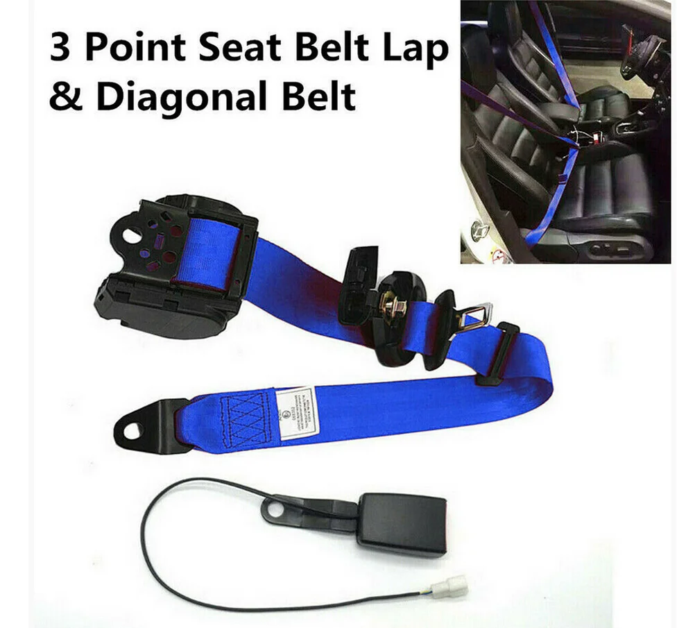 3 Point Retractable Adjustable Car Seat Belt Lap & Diagonal Belt W/Warning Cable
