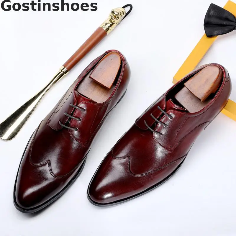 

Men Derby Shoes Genuine Leather Black Brown Lace-up Pointed Toe Wing Tip Men Dress Shoes Luxury Men Fromal Shoes For Wedding