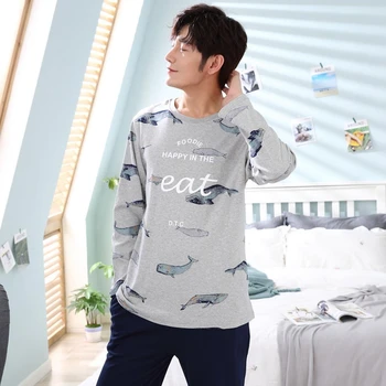 

High Quality Cotton Pajama Set For Men 2020 Autumn Winter Long Sleeve Cartoon Print Pyjama Male Loungewear Homewear Home Clothes