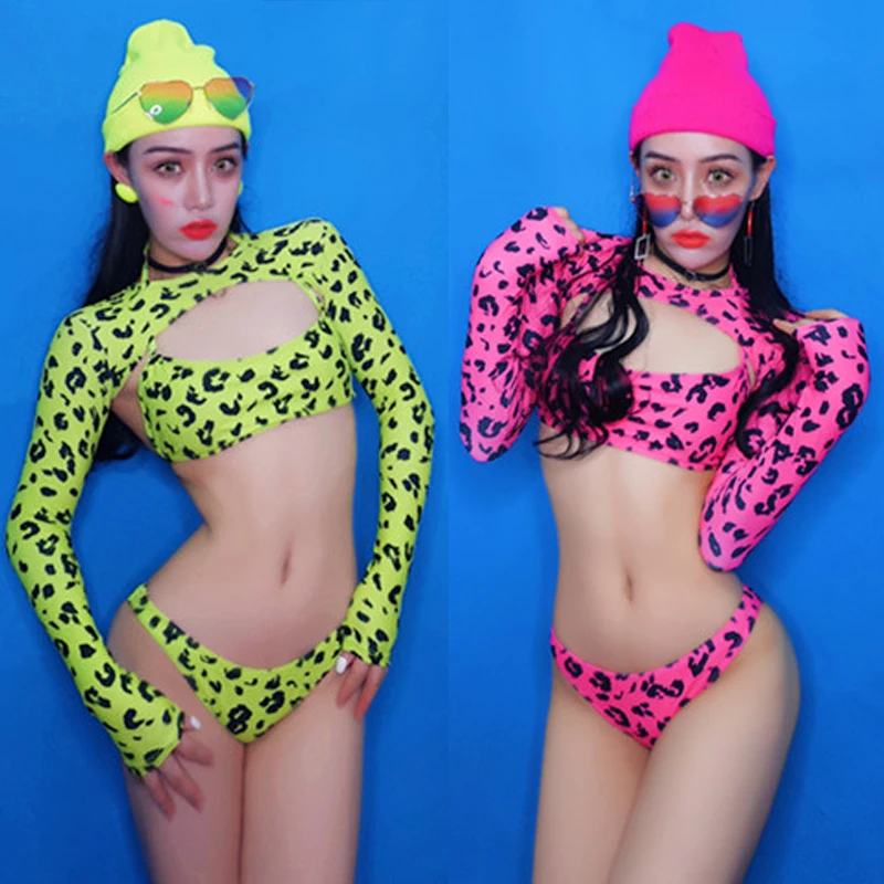 Бар DJ певец сексуальный флуоресцентный зеленый леопардовый бикини Ds костюмы Gogo Rave Pold Одежда для танцев Одежда для ночного клуба DN4425