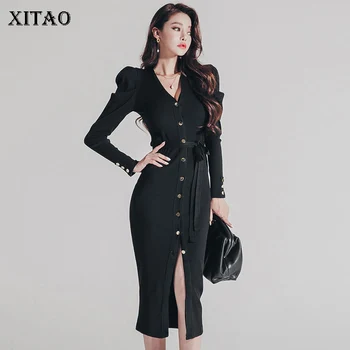 

XITAO Vintage Single Breasted Dresses Sexy Slim Was Thin V Neck Ladies Dresses Elegant Trend Women Clothes 2019 New DMY1945