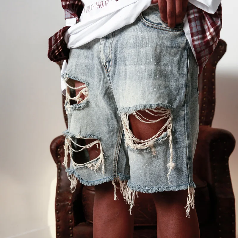 Summer Ripped Men Shorts Straight Loose Beggar Hole Denim Shorts High Street Hip Hop Male Jeans