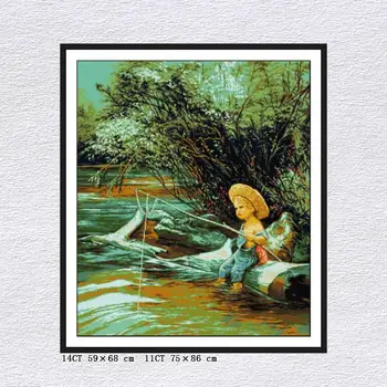 

Joy Sunday Little boy fishing Cross Stitch Kits pattern Printed Chinese embroidery needlework decorations fit for house presents