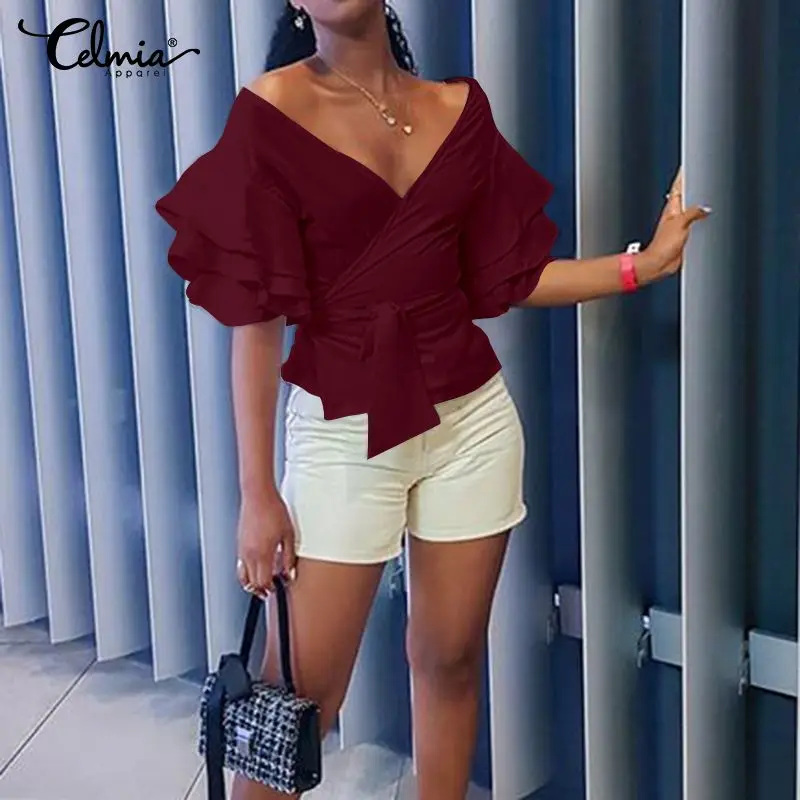 S-5XL Fashion Tops Celmia Women Summer Puff Sleeve Ruffles Blouses Sexy Deep V-neck Short Shirts Female Casual Bandage Blusas 7 - 4.00044E+12