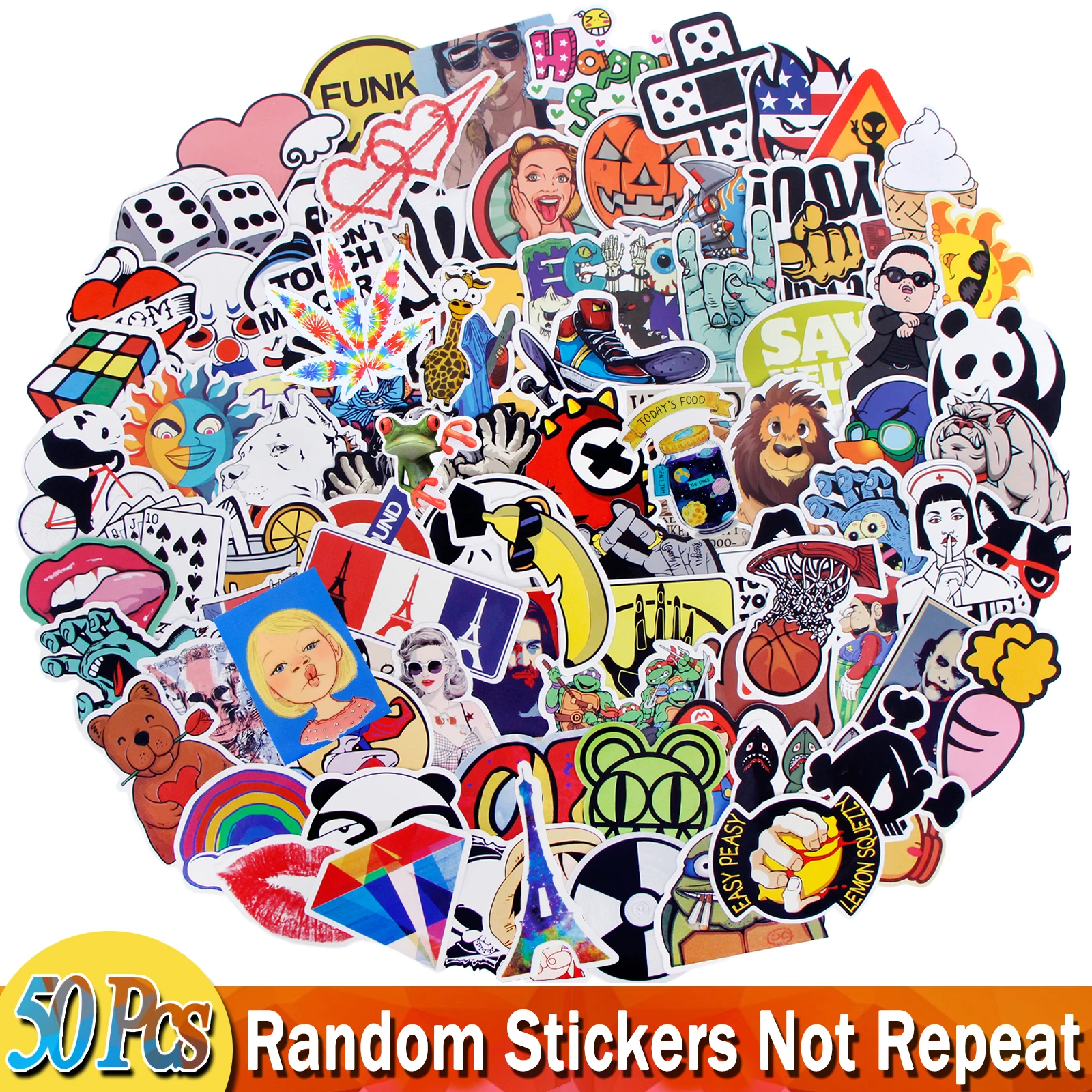 

50 Pcs Mixed Random Cartoon Stickers Pack for Car Bike Motorcycle Laptop Skateboard Luggage Funny Sticker Bomb JDM Decals Toys