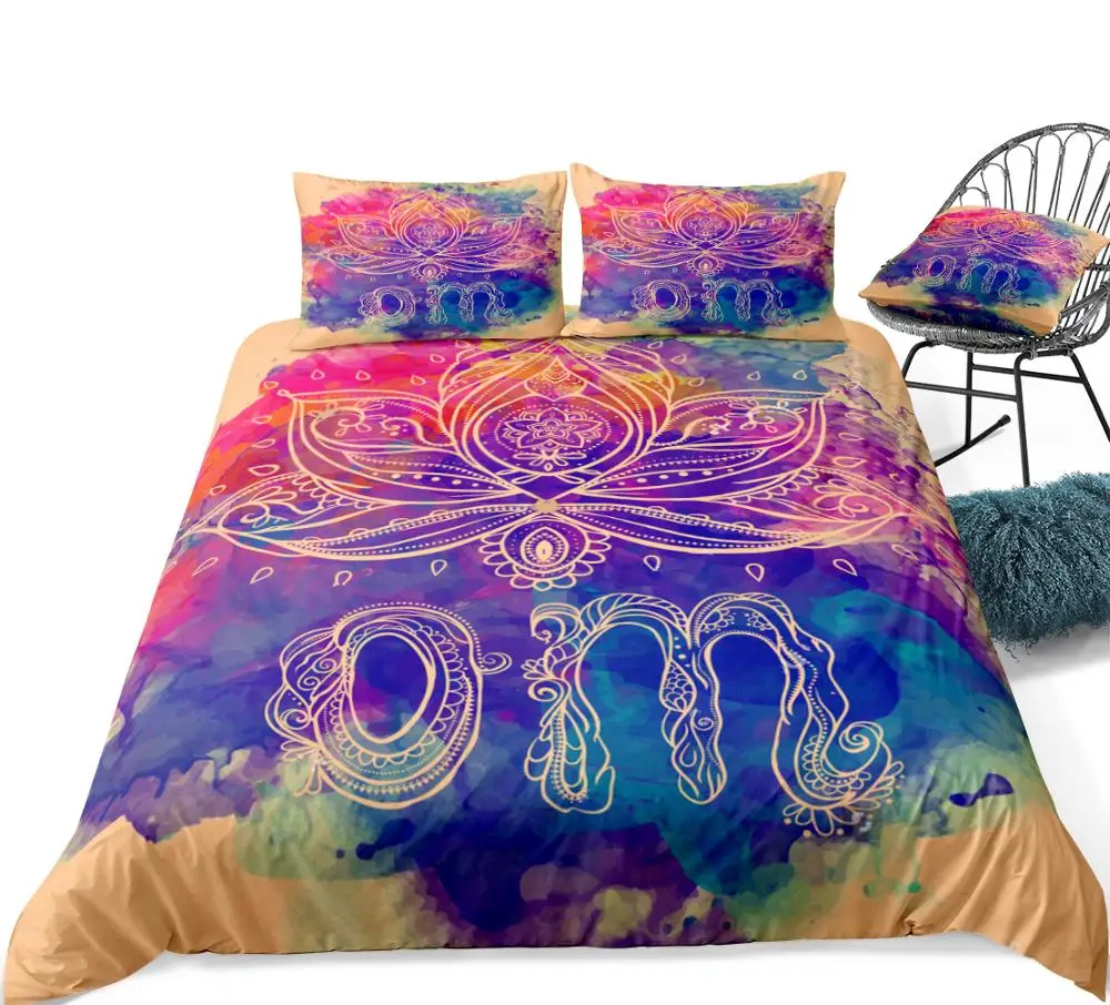 Boho Цветок лотоса пододеяльник набор акварельные геометрические постельные принадлежности Дети Мальчики Девочки Красочные одеяло в стиле бохо покрывало королева синий Прямая поставка