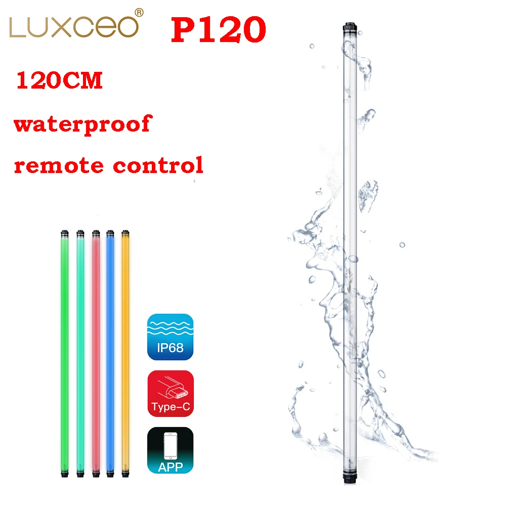 LUXCEO P120 RGB LED Video Light Waterproof Wand 120cm Remote Control IP68 CRI 95+ with Built-in Battery for photography Video