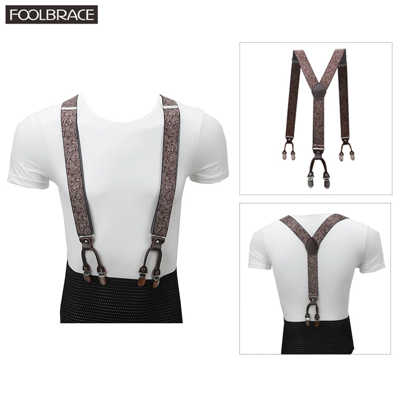 

3.5cm Suspenders Men Brown Genuine Leather Braces Adjustable 6 Clips Suspenders Commercial Western Style