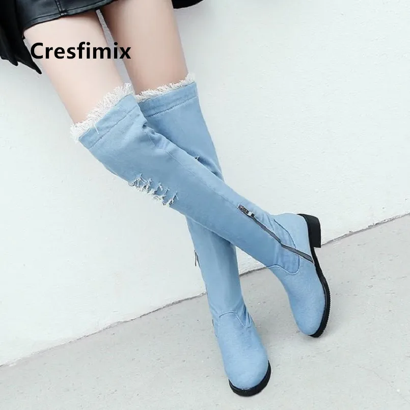 Cresfimix/botas de mujer; женские модные милые джинсовые ботинки высокого качества на высоком каблуке; красивые женские осенние синие ботинки; черная обувь; a6095