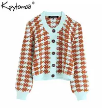 Винтажный стильный Хаундстут короткий стиль кардиганы свитер для женщин Мода О-образным вырезом с длинным рукавом клетчатая Милая верхняя одежда шикарные топы