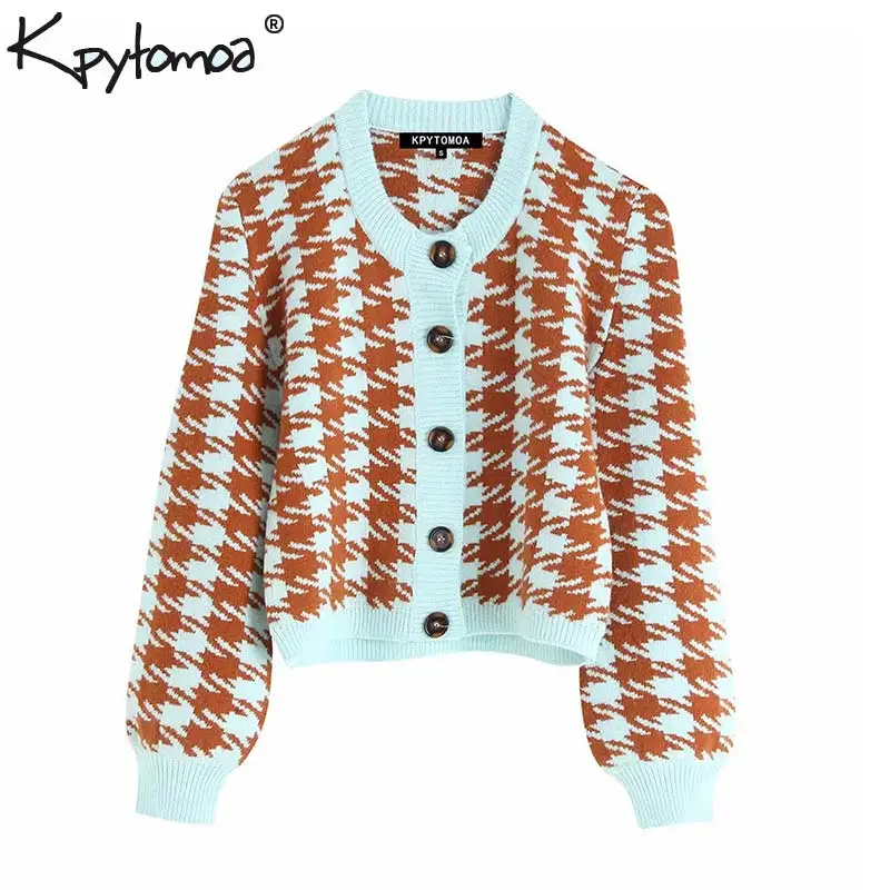 

Vintage Stylish Houndstooth Short Style Cardigans Sweater Women 2019 Fashion O Neck Long Sleeve Plaid Sweet Outerwear Chic Tops