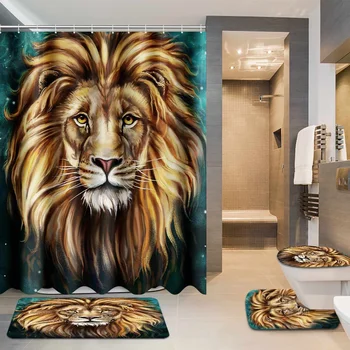 

Lion Waterproof Shower Curtain Anti-skid Bath Rugs Carpet Toilet Lid Cover Bath Mat Bathroom Decor 3D Shower Curtain Set Home