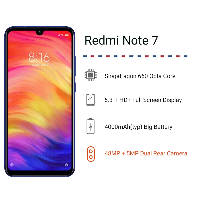 Xiaomi Redmi Note 7 с глобальной версией, 4 Гб, 128 ГБ, Восьмиядерный процессор Snapdragon 660 AIE, полноэкранная задняя камера 6,3 МП, сотовый телефон