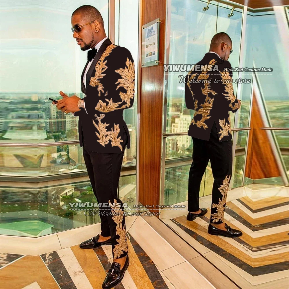 Black Men Suits Gold Shinny Appliques 2 Pieces Set (Jacket Pant) Wedding Tuxedo Business Blazer Masculino Single Breasted Dress