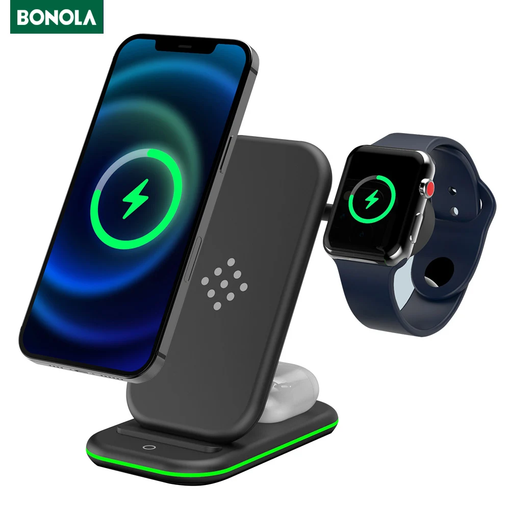 Bonola 15W 3 in 1 Wireless Charger Stand with LED for iPhone 12/11/XS/X Wireless Charger for Apple Watch/Airpods Pro 2 Charging