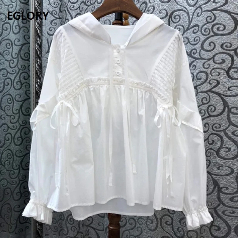 

100%Cotton Blouses Shirts 2019 Autumn Fashion White Tops Hooded Women Long Sleeve Loose Tops Shirt Ladies Casual Pullovers