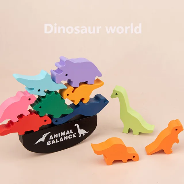 Children Montessori Wooden Animal Balance Blocks Board Games Toy Dinosaur Educational Stacking High Building Block Wood Toy Boys 6