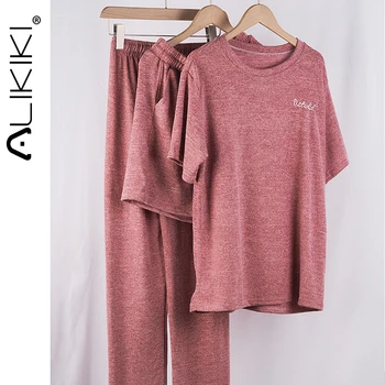 

Women 3 Pieces Cotton Pajamas Set Sexy Sleepwear Pink Pajama Set Top and Long Pants Pijama Mujer Casual Home Lounge Wear