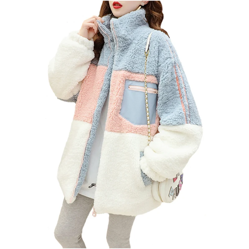 Abrigos de piel de cordero para mujer, ropa de abrigo femenina de talla grande, abrigo de lana de oveja, chaqueta gruesa de terciopelo a juego de colores, 2021