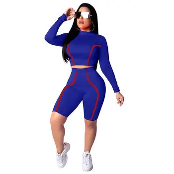 

RAISEVERN Women Sports Two Piece Set Striped Short Crop Top Elastic Waist Knee Length Casual Ladies 2 Pieces Suits 2Pcs Set 2019