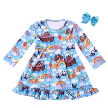 Эксклюзивное платье для девочек с принтом животных из зоопарка; детская одежда с длинными рукавами; сезон осень-зима; голубое платье из мягкого молочного шелка с оборками и бантом для малышей