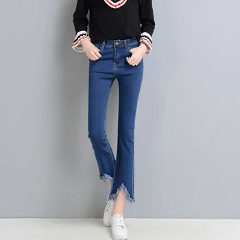 

2020 han edition of tall waist nine points flared jeans black female irregular flash flow Su Qiu show thin bootleg