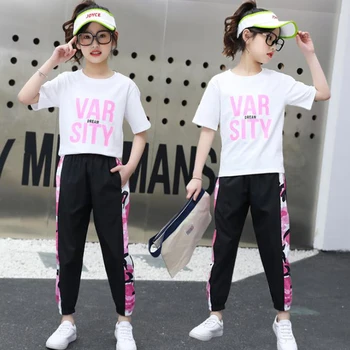 

Children's wear Summer girl clothes 2020 new letter printed T-shirt jacket+Trousers Quality sweatshirt suit 4-12 kids Costumes