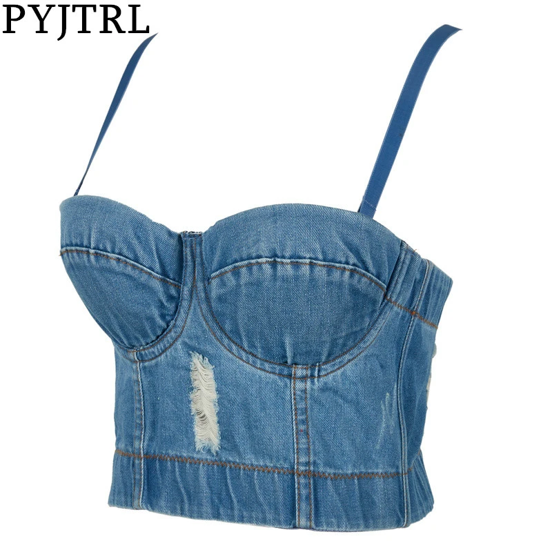 Пикантный женский Джинсовый укороченный топ PYJTRL с промытой водой и дырками