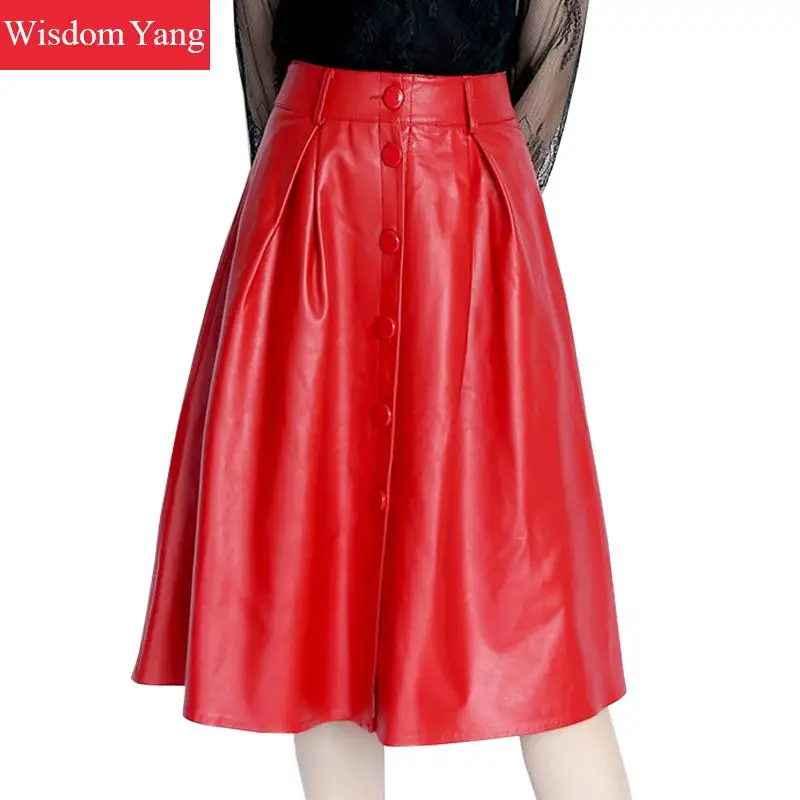 Herfst Echt Leer Schapenvacht Lange Rok Hoge Taille Midi Rokken Vrouwen Rood Zwarte Koreaanse Party Sexy Casual Dames Aline Rok